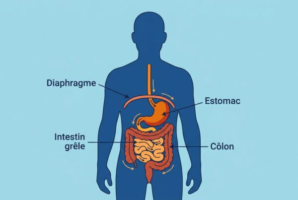Schéma anatomique du système digestif humain montrant l’estomac, l’intestin grêle et le côlon, avec flèches indiquant les déplacements des organes. ostéopathie viscérale troubles intestinaux visuel inclus.