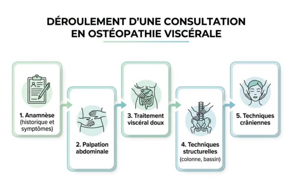 Déroulement d'une consultation en ostéopathie viscérale pour troubles intestinaux, avec anamnèse, palpation abdominale, traitement viscéral doux, techniques structurelles et crâniennes.